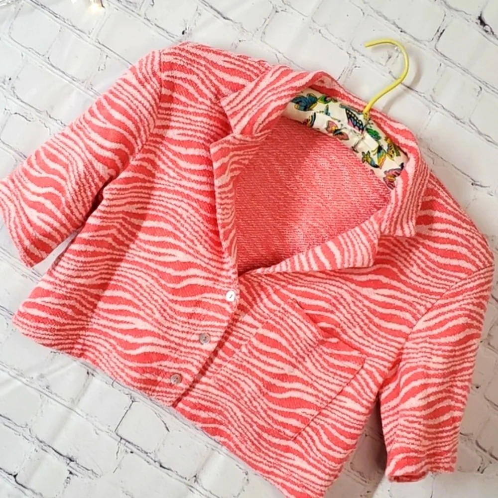 Zara Coral Zebra Print Crop Style Collared Blazer Abalone Buttons Size XS Y2K - Picture 6 of 13